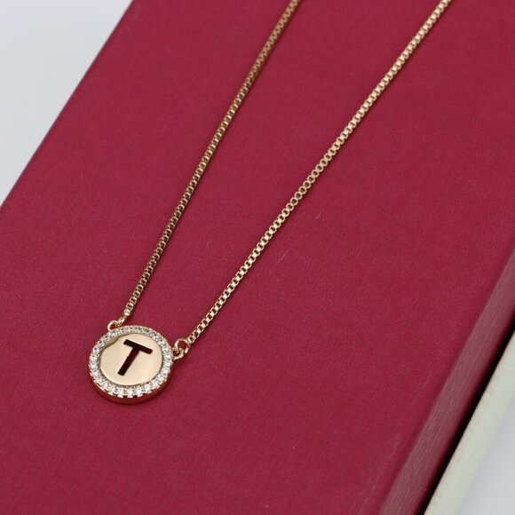 Rose Gold Initial 'T' Pendant Necklace with Sparkling CZ Border, XPNL0400 - Picture 9 of 13